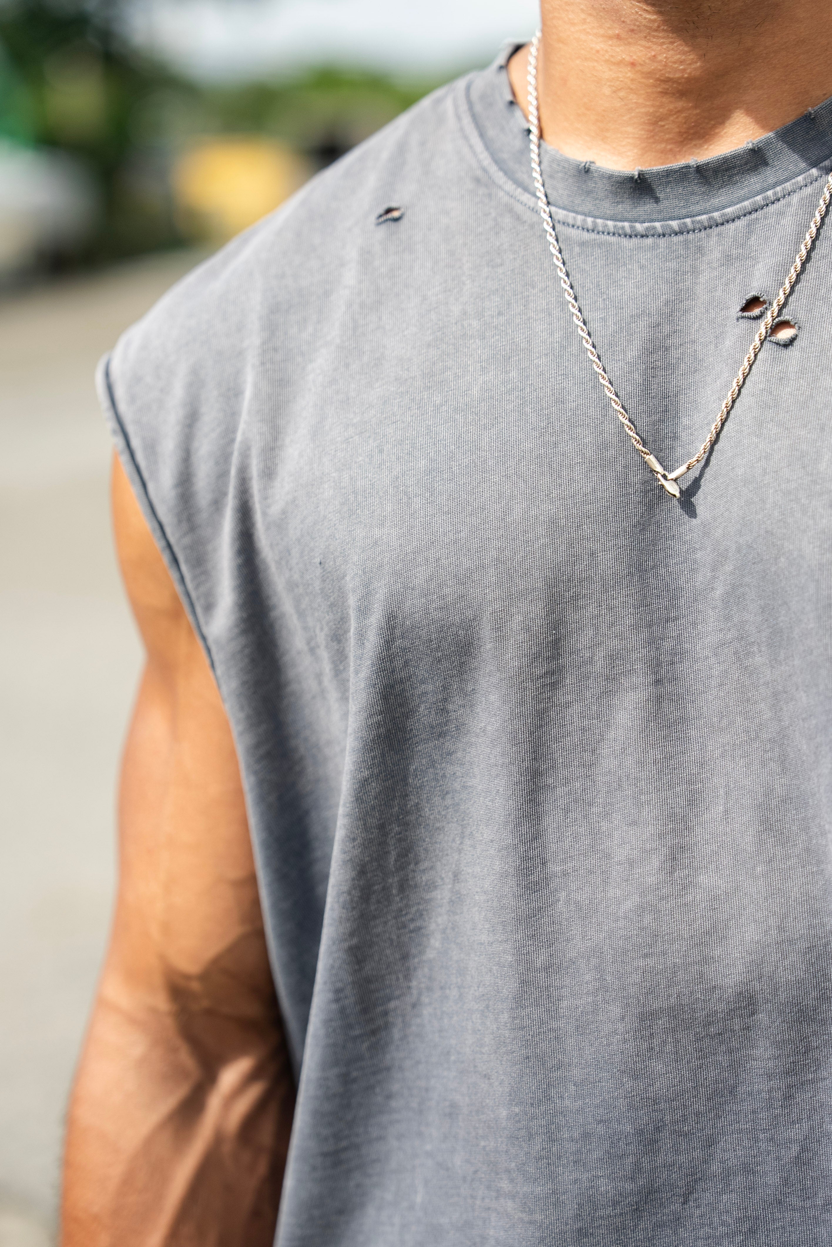 Shadow Cropped Tank in Acid Wash, close-up of the washed fabric and distressed neckline
