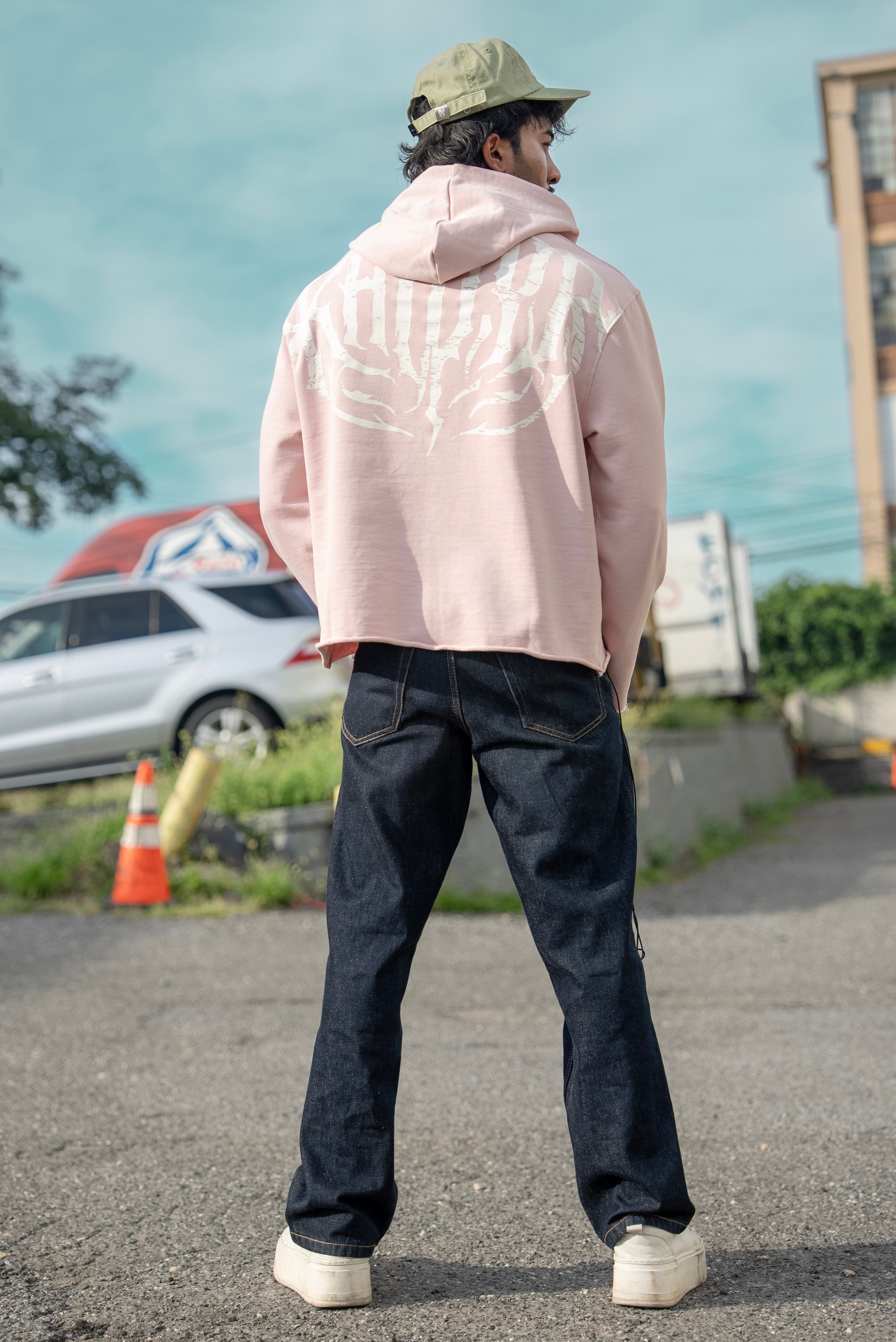 Stealth Pump-Cover Hoodie in Pink, back view showing the white KHIDYR print