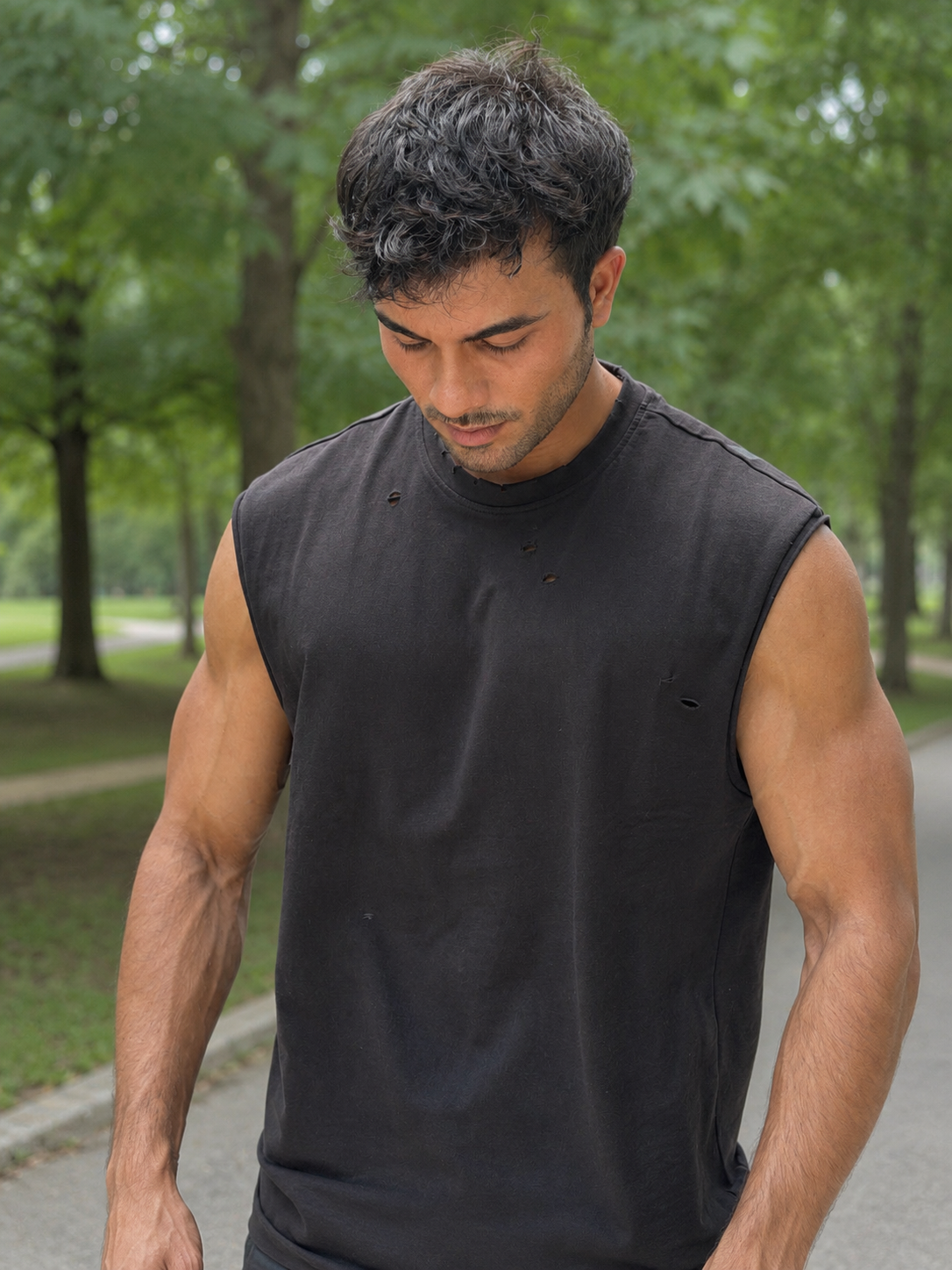 Shadow Cropped Tank in Black on model — front
