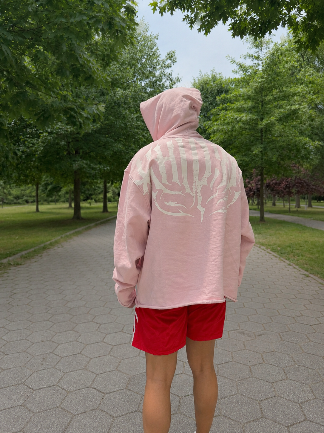 Stealth Pump-Cover Hoodie in Pink on model — back