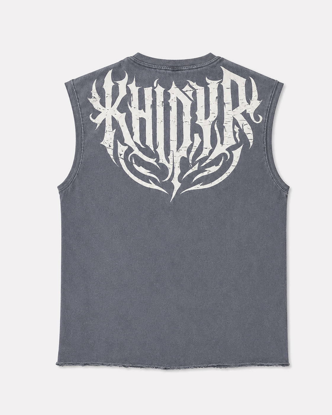 Shadow Cropped Tank in Acid Wash, flat back view showing the gothic KHIDYR back print