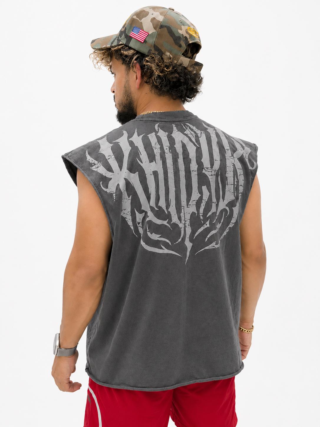 Shadow Cropped Tank in Acid Wash on model — back print