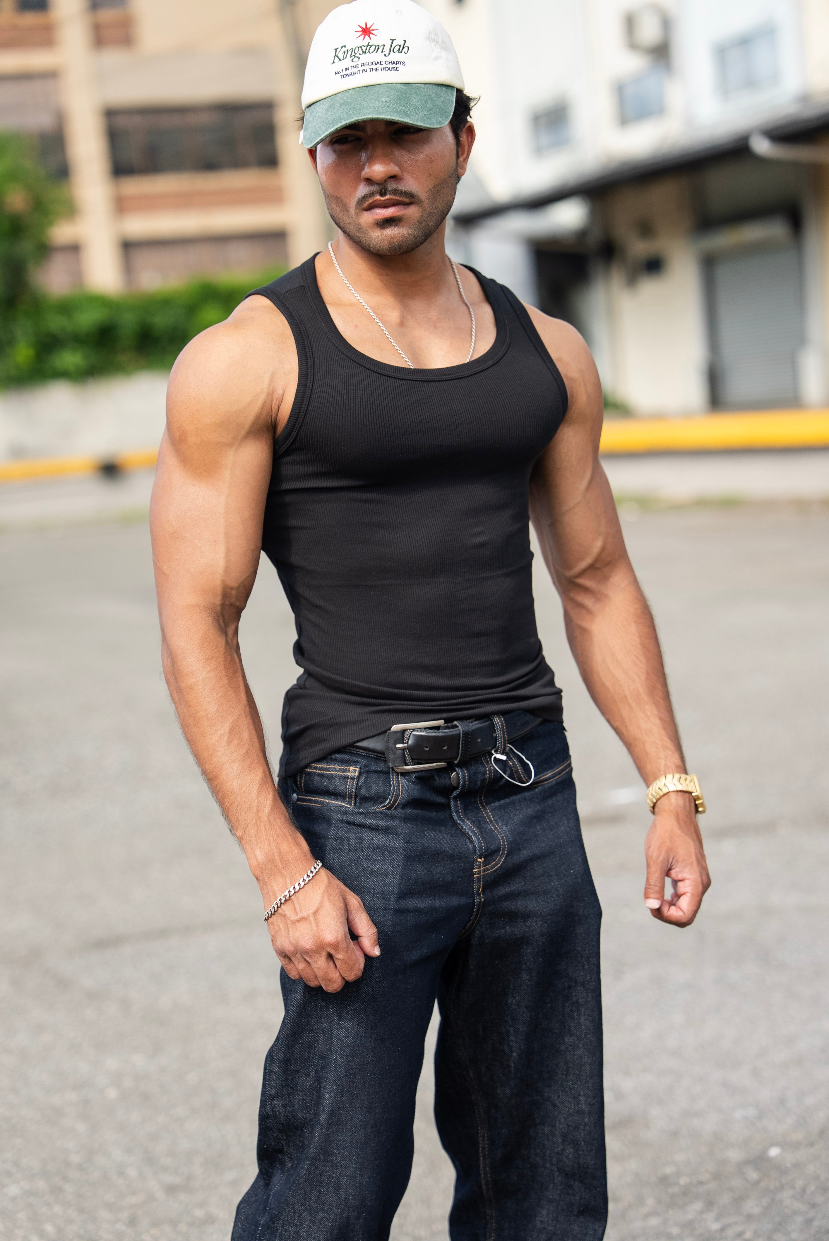 Phantom Beater in Black on model, full front view styled with dark denim