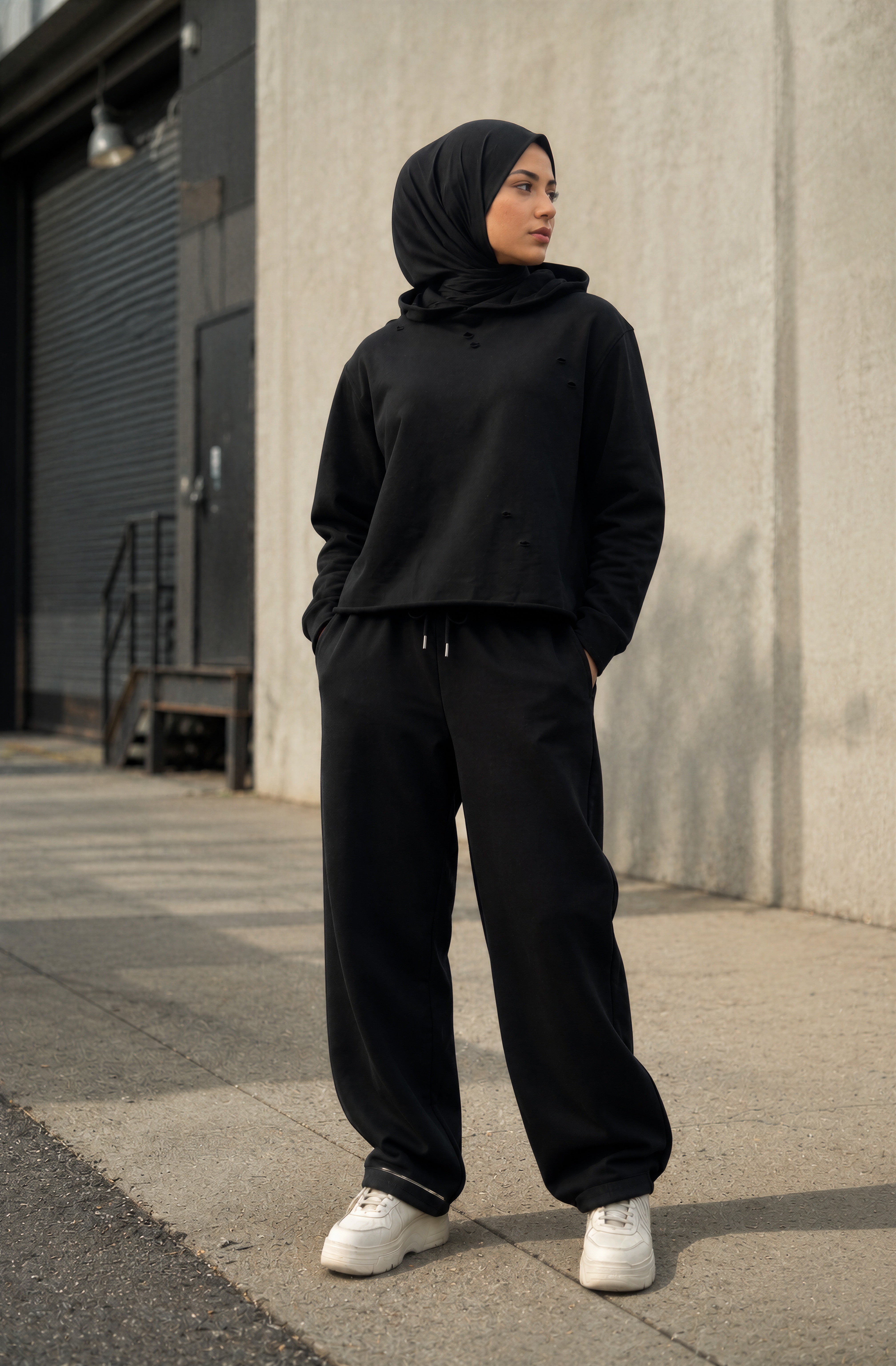 Stealth Pump-Cover Hoodie in Black, front view on a female model styled with black wide leg sweatpants