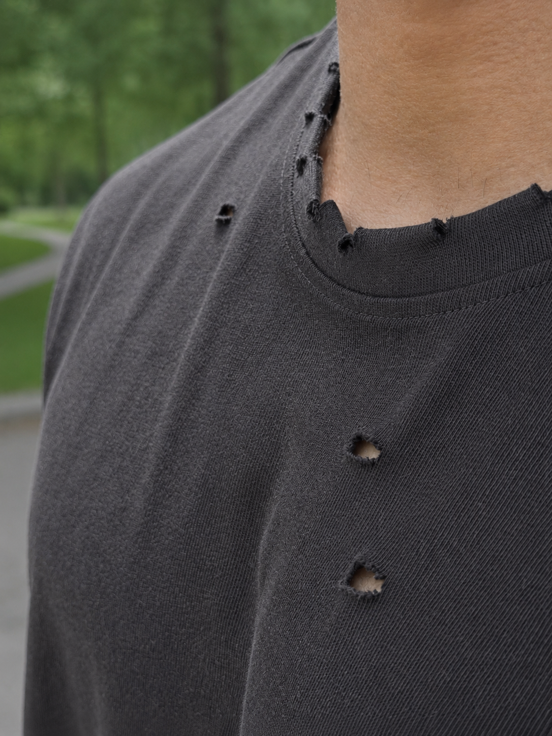 Shadow Cropped Tank in Black — distressed detail close-up