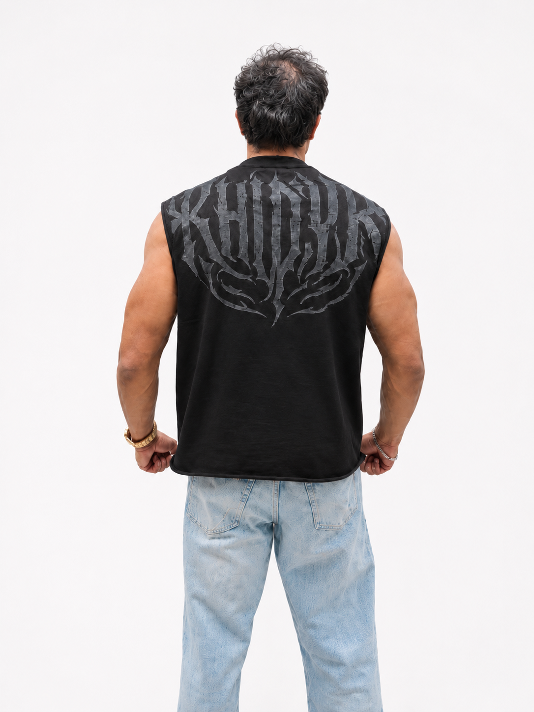 Shadow Cropped Tank in Black on model — back print
